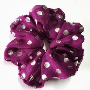 8 for $15 * Large Plum & Silver Polka Dots Scrunchie